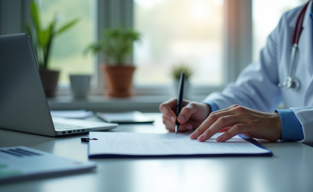 a physician at a desk filling out paperwork. The physician is located on the right side of the image